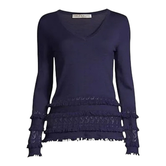 Trina Turk Sweaters - Trina Turk Navy 100% Merino Wool Fringe Sweater V-Neck Medium - Chic & Cozy